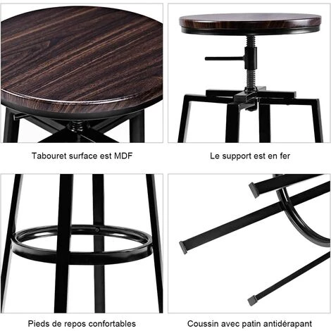 COSTWAY Lot De 2 Tabourets De Bar Chaises De Bar Vintage Industriel Hauteur Réglable En Bois Métal 6 COSTWAY Lot De 2 Tabourets De Bar Chaises De Bar Vintage Industriel Hauteur Réglable En Bois Métal – Image 4
