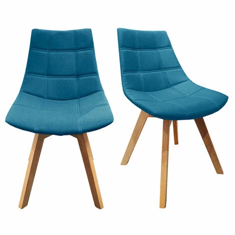MEUBLETMOI Lot De 2 Chaises En Tissu Bleu Surpiqué Avec Piètement Chêne - BETI - Bleu 3 MEUBLETMOI Lot De 2 Chaises En Tissu Bleu Surpiqué Avec Piètement Chêne - BETI - Bleu
