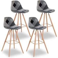 IDMARKET Lot De 4 Tabourets De Bar SARA Motifs Patchworks Noirs, Gris Et Blancs - Gris -banc et tabouret Soldes Boutique 18048462 2