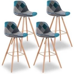 IDMARKET Lot De 4 Tabourets De Bar SARA Motifs Patchworks Bleus - Bleu -banc et tabouret Soldes Boutique 18048465 2