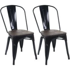 2x Chaise De Bistro HHG-404, Avec Siège En Bois, Chaise Empilable, Métal, Design Industriel ~ Noir