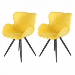 MEUBLETMOI Lot De 2 Chaises Style Scandinave Velours Jaune Et Métal Noir - LOTUS - Jaune