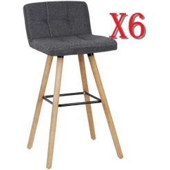 DazHom?Lot De 6 Tabourets De Bar Cuisine Avec Dossier - Pieds En H��tre��Surface Du Tabouret En Tissu - Gris