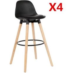DazHom?Lot De 4 Tabourets De Bar En Bois H��tre Massif - Si��ges En Similicuir - Scandinave,noir