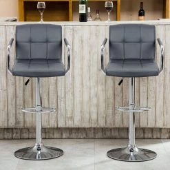 DazHom?Lot De 2 Tabourets De Bar Avec Dossier, Accoudoir, Chrom��, Rotation �� 360��, Hauteur R��glable��Gris