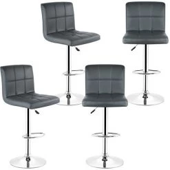 BATHRINS Lot De 4 Tabourets De Bar Rembourree Capitonne En Similicuir Dossier Et Repose-Pieds Ajustables Gris -banc et tabouret Soldes Boutique 23051115 4
