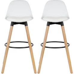 BATHRINS Lot De 2 Tabourets De Bar - Simili Blanc - Pieds En Bois Hêtre Massif - Style Scandinave - L 39,5 X P 44 Cm
