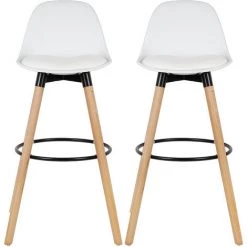 BATHRINS Lot De 2 Tabourets De Bar - Simili Blanc - Pieds En Bois Hêtre Massif - Style Scandinave - L 39,5 X P 44 Cm -banc et tabouret Soldes Boutique 23059827 4