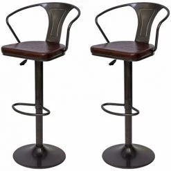 DéCOSHOP26 2x Tabourets De Bar En Simili Cuir Marron Et Métal Noir Style Industrielle Avec Accoudoirs - Noir