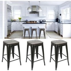 DazHom? 4 Tabouret De Bar Chaise Haute De Style Industriel En Fer Forg�� Avec Planche De Si��ge ,tabouret Haut Bistrot Bois Et M��tal Vintage Noir + Planche De Si��ge -marron -banc et tabouret Soldes Boutique 23839616 5