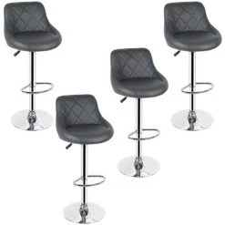 OOBEST Lot De 4 Tabourets De Bar, Chaises De Cuisine Avec Structure Métallique Stable Et Surface En Cuir Synthétique, Repose-Pieds, Hauteur Réglable, Montage Facile, Vintage, Gris