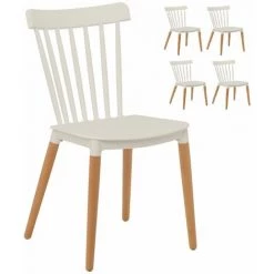 KOSMI - Lot De 4 Chaises Blanches Style Scandinave à Barreaux Modèle Pop Avec Coque En Résine Blanche Et Pieds En Bois Naturel