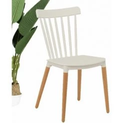 KOSMI - Chaise Blanche Style Scandinave à Barreaux Modèle Pop Avec Coque En Résine Blanche Et Pieds En Bois Naturel