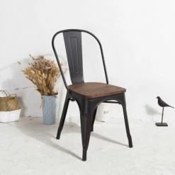 KOSMI - Lot De 6 Chaises En Métal Noir Mat Avec Assise En Bois Massif Foncé, Pour Une Décoration Style Industriel - Noir -banc et tabouret Soldes Boutique 24700692 3