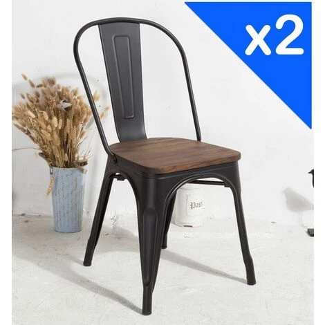 KOSMI - Lot De 2 Chaises En Métal Noir Mat Avec Assise En Bois Massif Foncé, Pour Une Décoration Style Industriel - Noir 3 KOSMI - Lot De 2 Chaises En Métal Noir Mat Avec Assise En Bois Massif Foncé, Pour Une Décoration Style Industriel - Noir