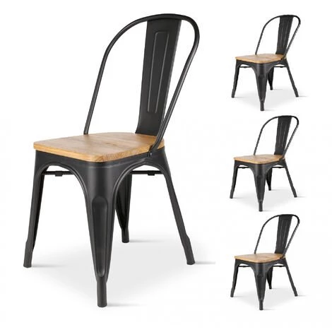 KOSMI - Lot De 4 Chaises Noires En Métal Et Bois Clair Style Industriel Factory En Métal Noir Mat Et Assise En Bois Clair - Noir 3 KOSMI - Lot De 4 Chaises Noires En Métal Et Bois Clair Style Industriel Factory En Métal Noir Mat Et Assise En Bois Clair - Noir