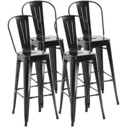 HOMCOM Lot De 4 Tabourets De Bar Industriel Avec Dossier Hauteur Assise 76,5 Cm Métal Noir - Noir