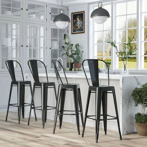 HOMCOM Lot De 4 Tabourets De Bar Industriel Avec Dossier Hauteur Assise 76,5 Cm Métal Noir - Noir 3 HOMCOM Lot De 4 Tabourets De Bar Industriel Avec Dossier Hauteur Assise 76,5 Cm Métal Noir - Noir – Image 2