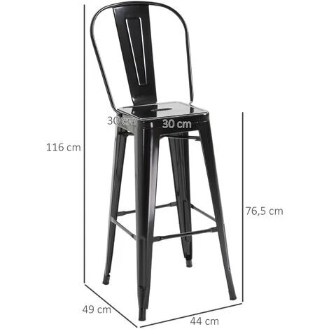 HOMCOM Lot De 4 Tabourets De Bar Industriel Avec Dossier Hauteur Assise 76,5 Cm Métal Noir - Noir 4 HOMCOM Lot De 4 Tabourets De Bar Industriel Avec Dossier Hauteur Assise 76,5 Cm Métal Noir - Noir – Image 3