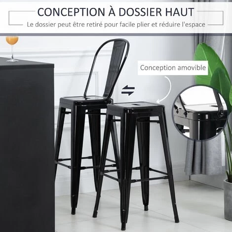 HOMCOM Lot De 4 Tabourets De Bar Industriel Avec Dossier Hauteur Assise 76,5 Cm Métal Noir - Noir 5 HOMCOM Lot De 4 Tabourets De Bar Industriel Avec Dossier Hauteur Assise 76,5 Cm Métal Noir - Noir – Image 4