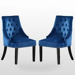 banc et tabouret Soldes Boutique 18 LIFE INTERIORS WINDSOR - Lot De 2 Chaises Capitonnées En Velours Bleu - Style Classique & Design - Pieds En Bois - Salle à Manger, Salon Ou Coiffeuse