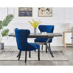 PN HOME MAYFAIR - Lot De 2 Chaises Capitonnées En Velours Bleu - Style Contemporain - Pieds En Bois - Salle à Manger, Cuisine Ou Coiffeuse - Bleu