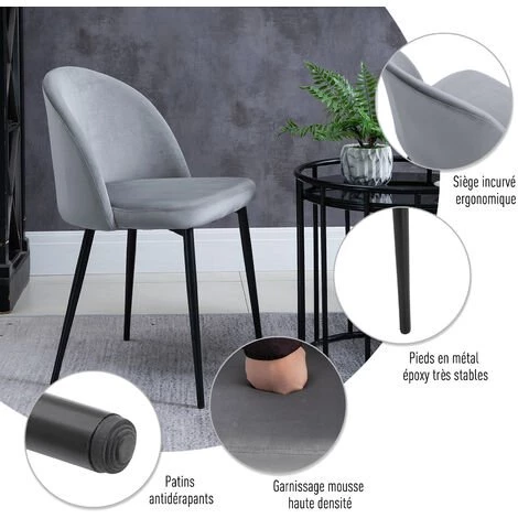 HOMCOM Chaises De Visiteur Design Scandinave - Lot De 2 Chaises - Pieds Effilés Métal Noir - Assise Dossier Ergonomique Velours Gris - Gris 7 HOMCOM Chaises De Visiteur Design Scandinave - Lot De 2 Chaises - Pieds Effilés Métal Noir - Assise Dossier Ergonomique Velours Gris - Gris – Image 5