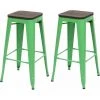 2x Tabouret De Bar HHG-392 Avec Siège En Bois, Chaise Bar, Comptoir, Style Industriel, Empilable ~ Vert