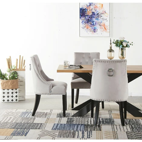 PN HOME Ensemble Table à Manger 4 à 6 Personnes + 4 Chaises Design En Velours Cloutées - Coloris Chêne & Gris 3 PN HOME Ensemble Table à Manger 4 à 6 Personnes + 4 Chaises Design En Velours Cloutées - Coloris Chêne & Gris