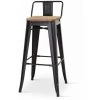 KOSMI - Chaise De Bar, Tabouret Moyen Style Industriel Avec Petit Dossier En Métal Noir Mat Et Assise En Bois Naturel Clair, Assise Hauteur 66cm - Noir -banc et tabouret Soldes Boutique 28420794 1