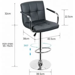 OOBEST Lot De 2 Tabourets De Bar Chaise De Bar PU Chrome Hauteur Réglable Grande Base Φ38cm Avec Accoudoirs Gris Fonce -banc et tabouret Soldes Boutique 28438560 4