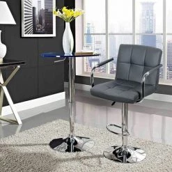 OOBEST Lot De 2 Tabourets De Bar Chaise De Bar PU Chrome Hauteur Réglable Grande Base Φ38cm Avec Accoudoirs Gris Fonce -banc et tabouret Soldes Boutique 28438560 5