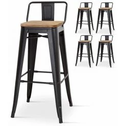 KOSMI - Lot De 4 Chaises De Bar, Tabourets Moyens Style Industriel Avec Petit Dossier En Métal Noir Mat Et Assise En Bois Naturel Clair, Assise Hauteur 66cm - Noir