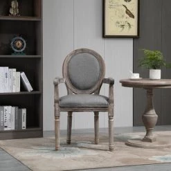HOMCOM Chaise De Salle à Manger Chaise De Salon Médaillon Style Louis XVI Bois Massif Patiné Sculpté Tissu Lin Gris - Gris -banc et tabouret Soldes Boutique 29043872 4