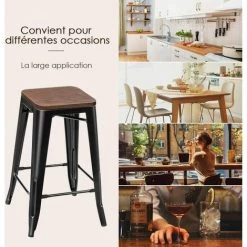 COSTWAY 4 Tabouret Bar Empilable De Style Industriel Vintage Hauteur 64,5 CM,Charge Max. : 150 KG Avec Repose-Pied Et Patin Du Pied -banc et tabouret Soldes Boutique 29101303 3