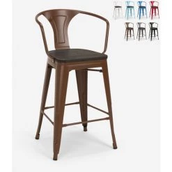 AHD AMAZING HOME DESIGN Tabouret En Bois De Métal Avec Dossier Design Industriel De Style Tolix Steel Wood Back | Marron