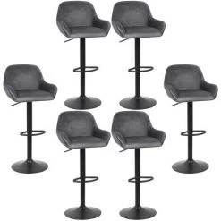 BATHRINS®Lot De 6 Tabouret De Bar En Velours Hauteur D'assise Réglable 60-82 Cm Pour Bar Salle à Manger Salon -GRIS