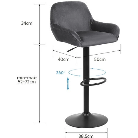 BATHRINS®Lot De 6 Tabouret De Bar En Velours Hauteur D'assise Réglable 60-82 Cm Pour Bar Salle à Manger Salon -GRIS 7 BATHRINS®Lot De 6 Tabouret De Bar En Velours Hauteur D'assise Réglable 60-82 Cm Pour Bar Salle à Manger Salon -GRIS – Image 5