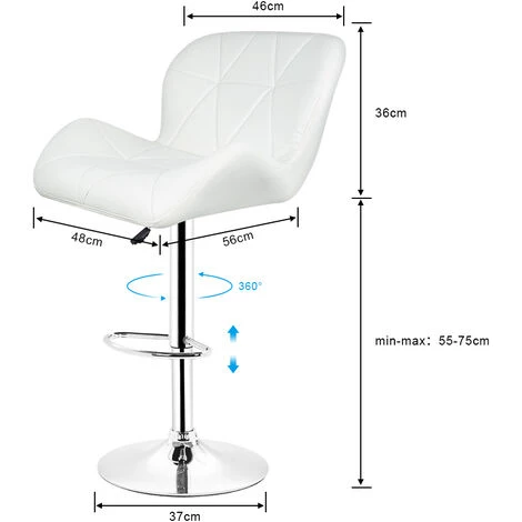 SKECTEN Lot De 2 Tabouret De Bar Réglable En Hauteur Chaise Haute Pour Bar Avec Dossier Siège Rembouré En PU Pied En Métal, Blanc 4 SKECTEN Lot De 2 Tabouret De Bar Réglable En Hauteur Chaise Haute Pour Bar Avec Dossier Siège Rembouré En PU Pied En Métal, Blanc – Image 2