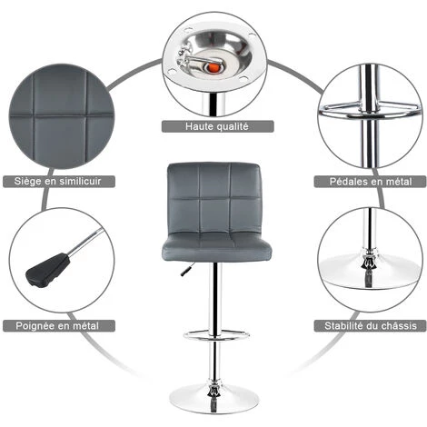 YONGQING Lot De 6 Chaise De Bar Tournante Réglable En Hauteur Tabouret De Bar En Similicuir Tabourets Réglable, Gris - Gris 5 YONGQING Lot De 6 Chaise De Bar Tournante Réglable En Hauteur Tabouret De Bar En Similicuir Tabourets Réglable, Gris - Gris – Image 3