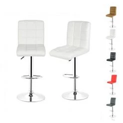 OOBEST Lot De 2 Tabourets De Bar En Simili Cuir Et Métal Hauteur Réglable 92-112CM Charge Max 113KG Avec Repose-pieds Et Base Chromés Style Contemporain Blanc