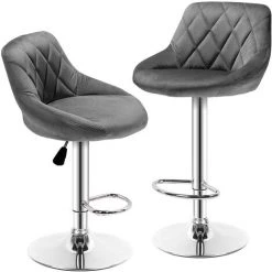SIFREE 2 X Tabourets De Bar Siège Bien Rembourré En Velours , Hauteur Réglable Pieds En Métal,GRIS