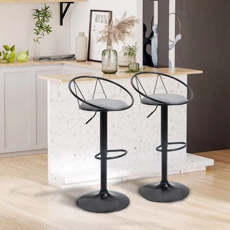HOMCOM Lot De 2 Tabourets De Bar Design Néo-rétro Réglable Pivotant Avec Repose-pied Métal Noir Lin Gris - Gris 4 HOMCOM Lot De 2 Tabourets De Bar Design Néo-rétro Réglable Pivotant Avec Repose-pied Métal Noir Lin Gris - Gris – Image 2