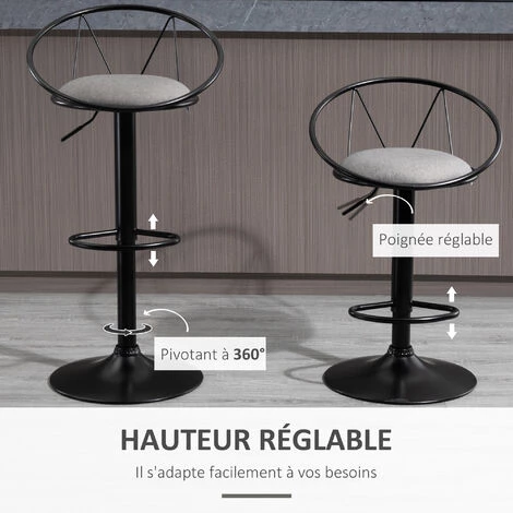 HOMCOM Lot De 2 Tabourets De Bar Design Néo-rétro Réglable Pivotant Avec Repose-pied Métal Noir Lin Gris - Gris 7 HOMCOM Lot De 2 Tabourets De Bar Design Néo-rétro Réglable Pivotant Avec Repose-pied Métal Noir Lin Gris - Gris – Image 5