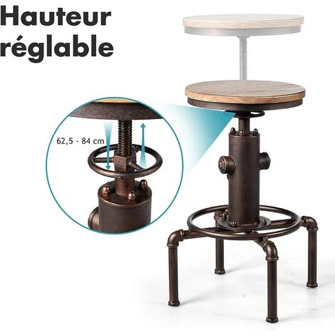 GOPLUS Tabouret De Bar De Style Industriel, Chaise De Bar Vintage En Bois Et Metal, Pieds De Tabouret Antidérapants Avec Repose-Pieds, Hauteur Réglable De 60-75CM 5 GOPLUS Tabouret De Bar De Style Industriel, Chaise De Bar Vintage En Bois Et Metal, Pieds De Tabouret Antidérapants Avec Repose-Pieds, Hauteur Réglable De 60-75CM – Image 3