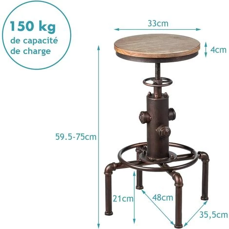 GOPLUS Tabouret De Bar De Style Industriel, Chaise De Bar Vintage En Bois Et Metal, Pieds De Tabouret Antidérapants Avec Repose-Pieds, Hauteur Réglable De 60-75CM 7 GOPLUS Tabouret De Bar De Style Industriel, Chaise De Bar Vintage En Bois Et Metal, Pieds De Tabouret Antidérapants Avec Repose-Pieds, Hauteur Réglable De 60-75CM – Image 5