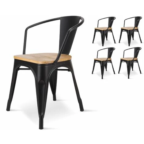 KOSMI - Lot De 4 Chaises En Métal Noir Mat Style Industriel Factory Avec Assise En Bois Naturel Clair, Fauteuils Industriels Avec Accoudoirs - Noir 3 KOSMI - Lot De 4 Chaises En Métal Noir Mat Style Industriel Factory Avec Assise En Bois Naturel Clair, Fauteuils Industriels Avec Accoudoirs - Noir