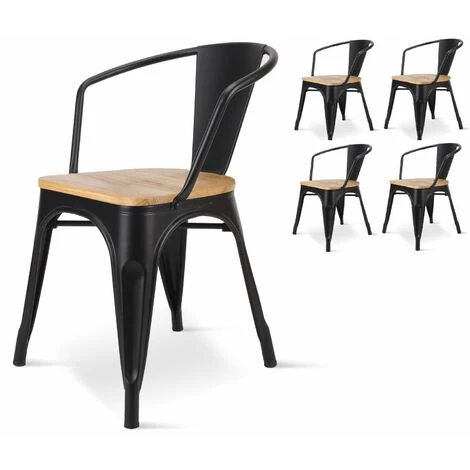 KOSMI - Lot De 4 Chaises En Métal Noir Mat Style Industriel Factory Avec Assise En Bois Naturel Clair, Fauteuils Industriels Avec Accoudoirs - Noir 4 KOSMI - Lot De 4 Chaises En Métal Noir Mat Style Industriel Factory Avec Assise En Bois Naturel Clair, Fauteuils Industriels Avec Accoudoirs - Noir – Image 2