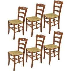 T M C S Tommychairs - Set 6 Chaises CUORE Pour Cuisine, Bar Et Salle à Manger, Robuste Structure En Bois De Hêtre Peindré En Couleur Noyer Clair Et Assise En Paille - Noix