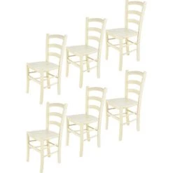 T M C S Tommychairs - Set 6 Chaises VENICE Pour Cuisine, Bar Et Salle à Manger, Robuste Structure En Bois De Hêtre Peindré En Couleur Aniline Blanche Et Assise En Bois